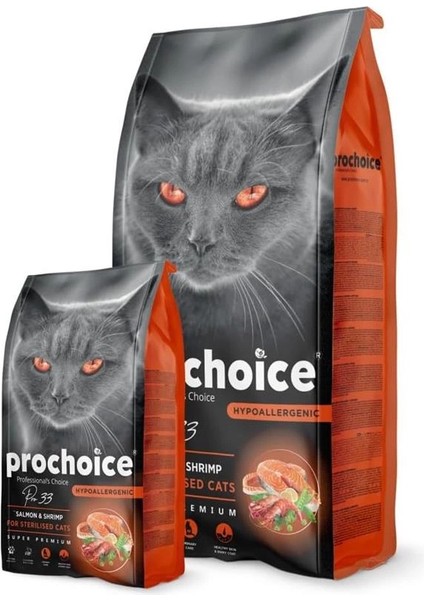 Pro 33, Kısırlaştırılmış Kediler Için, Hipoalerjenik, Somon Balıklı ve Karidesli Kuru modelleri