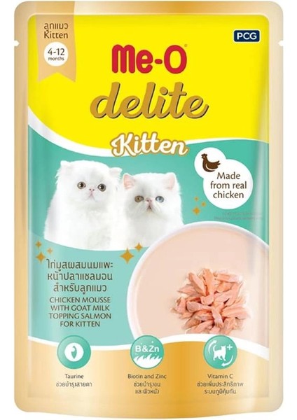 Me-O Delite Yavru Kedi Somon Soslu Keçi Sütlü Tavuk Mus, 70 gr