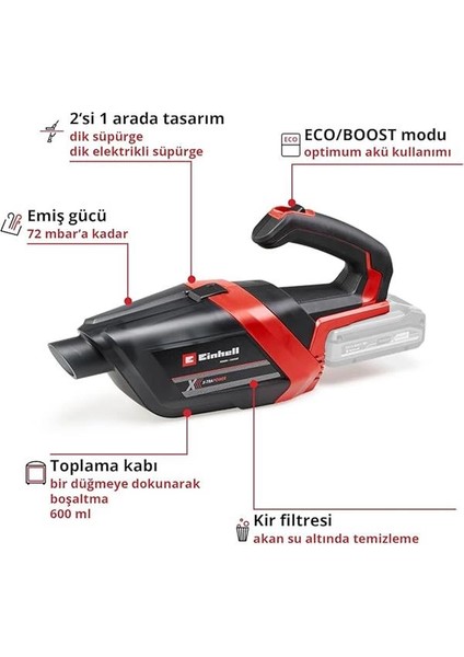 Akülü El Süpürgesi Te-Hv 18/06 Li-Solo Power X-Change (18V, 72 Mbar Emiş Gücü, Dar Alan modelleri