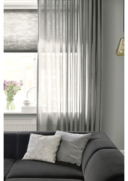 Modern Düz Keten Tül Perde - Açık Gri - Pileli Dikim 1x2,5 Pile - KL500