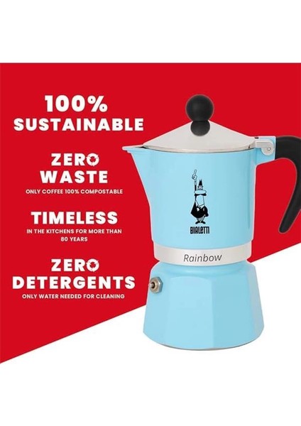 - Rainbow: 3 Cups Ocak Üstü Espresso Pişirici - 130ML - Açık Mavi Renk - Alüminyum Gövde - fırsatları