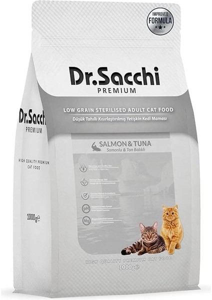 Dr.sacchi Premium Düşük Tahıllı Somonlu ve Ton Balıklı Kısırlaştırılmış Kedi Maması 1 kg