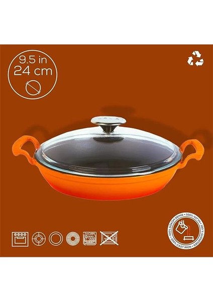 Döküm Yuvarlak Sahan Cam Kapaklı Döküm Demir Yekpare Çift Kulplu ÇAP(Ø)24CM. Turuncu modelleri