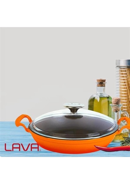 Döküm Yuvarlak Sahan Cam Kapaklı Döküm Demir Yekpare Çift Kulplu ÇAP(Ø)24CM. Turuncu