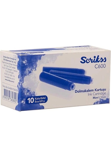 Kartuş Dolma Kalem Kartuşu 6'lı Blister 10'lu Paket Mavi