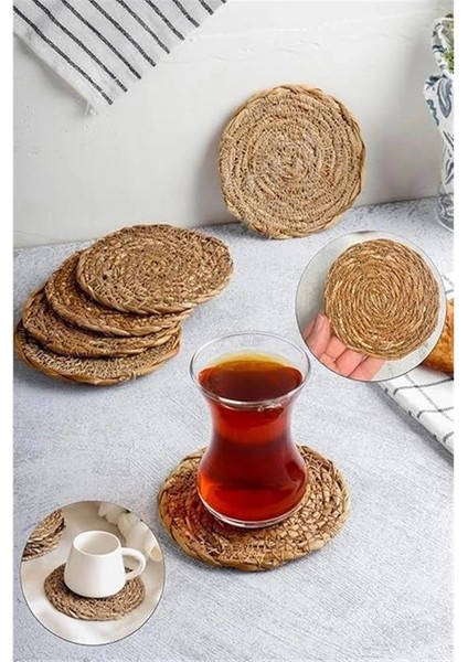 6 Adet El Yapımı Yuvarlak Hasır Bardak Altlığı - Fincan, Çay ve Kupa Altlığı - 10CM