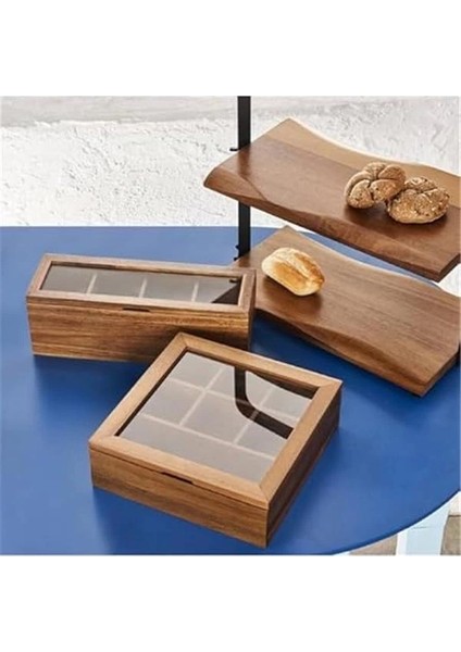 Doğal Akasya Ağacı Şeffaf Kapaklı Ahşap Çay Saklama Kutusu – Mıknatıslı Kapaklı Poşet Çay