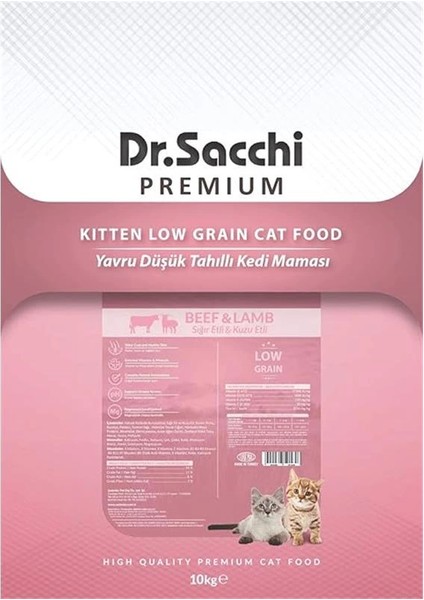 Dr.sacchi Premium Kuru Kedi Maması, Sığır ve Kuzu Etli, Düşük Tahıllı, Yavru Kedi, 10 kg fırsatları