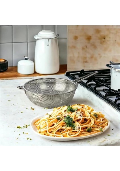 Saplı Paslanmaz Çelik Süzgeç, Büyük Boy Metal Süzgeç 22 * 10 cm - Estetik ve Dayanıklı: