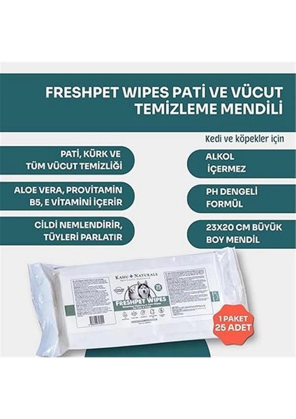 Pati ve Tüy, Vücut Temizleme ve Hijyen Mendili, Kedi ve Köpek, 1 Paket (25 Adet Mendil Içerir)