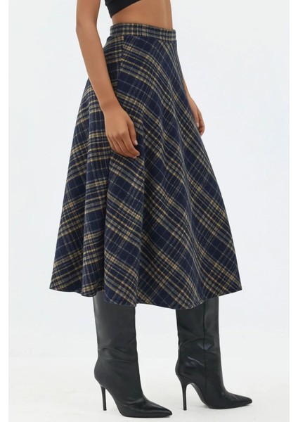 Kadın A-Form Kalın Midi Etek Lacivert