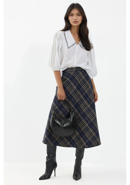 Kadın A-Form Kalın Midi Etek Lacivert