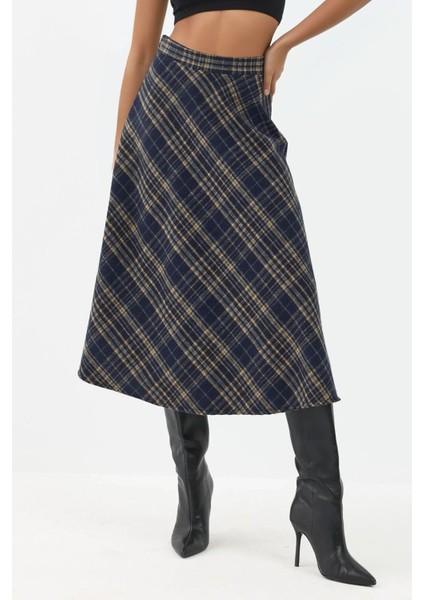Kadın A-Form Kalın Midi Etek Lacivert