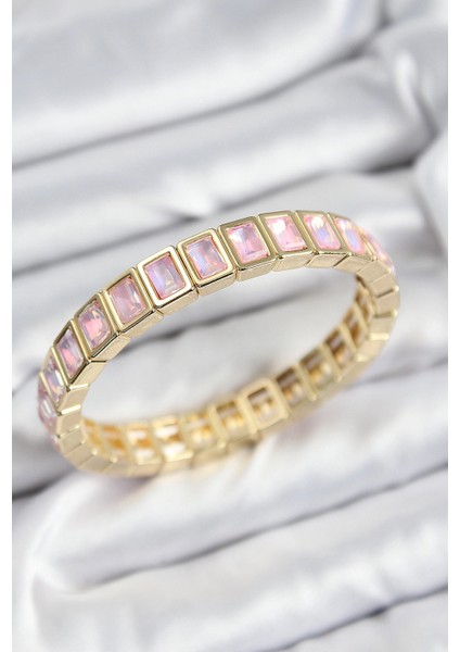 Pirinç Pembe Zirkon Taşlı Dikdörtgen Model Gold Renk Lastikli Kadın Bileklik - TJ-BB7491