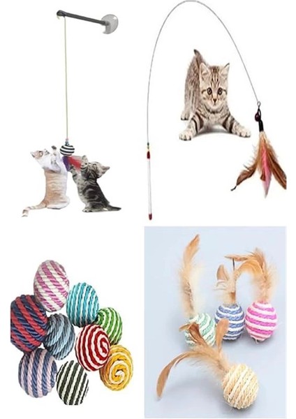 4'lü Set: Ip Sarma Top, Vantuzlu Kedi Oltası, Tüylü Top ve 90 cm Olta
