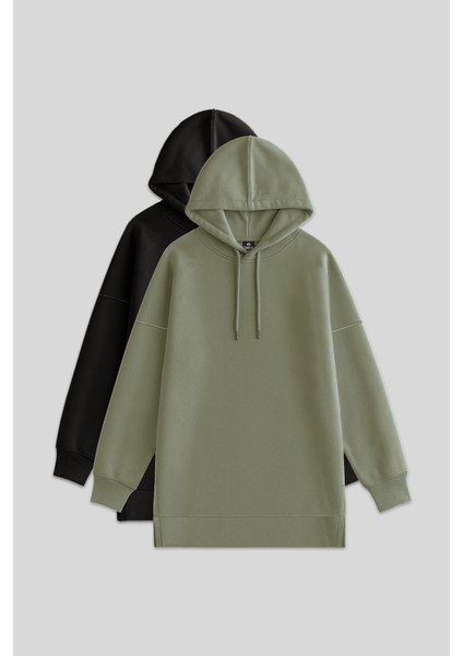 Oversize Kapüşonlu 2li Paket Siyah-Çağla Kadın Tunik Sweatshirt - 97242