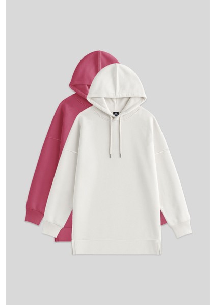 Oversize Kapüşonlu 2li Paket Ekru-Yaban Gülü Kadın Tunik Sweatshirt - 97242