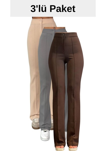 Krep Kumaş Likralı Kadın Palazzo Pantolon 3'lü Set