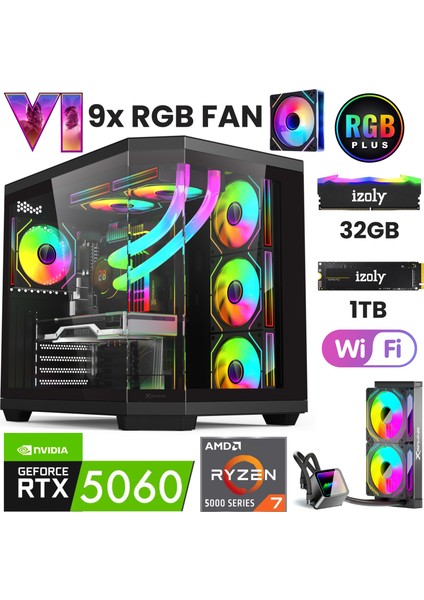 T52 Ryzen 7 5700X 32GB 1tb M.2 Nvme Rtx 5060 8gb 240MM Sıvı Soğutma Oyuncu Masaüstü Bilgisayarı