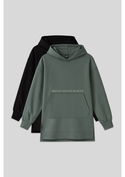 Oversize Kapüşonlu 2li Paket Siyah-Çağla Kadın Tunik Sweatshirt - 97163