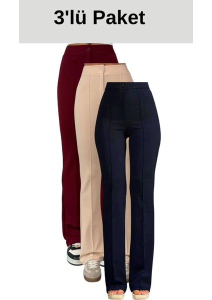 Krep Kumaş Likralı Kadın Palazzo Pantolon 3'lü Set
