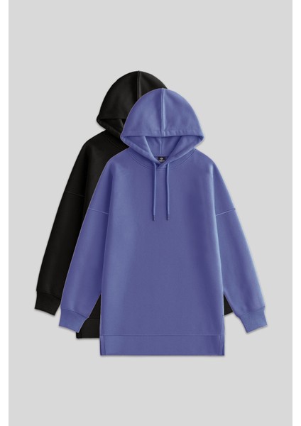 Oversize Kapüşonlu 2li Paket Siyah-Eflatun Kadın Tunik Sweatshirt - 97242