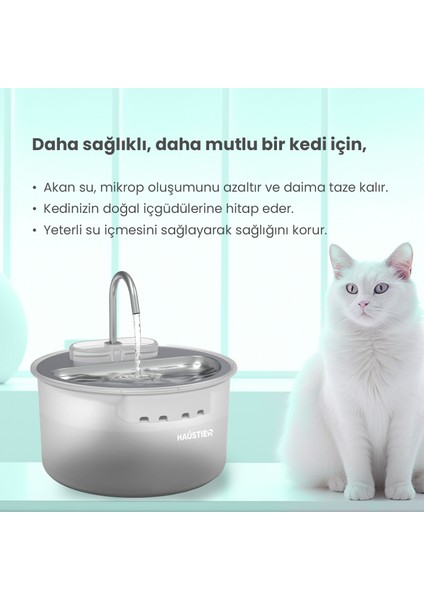 WF009LS Otomatik Kedi Su Sebili,kedi Su Çeşmesi, Su Pınarı 3.5lt Geniş Hazne, Çelik Tabla, Ultra Sessiz, Bpa Içermez