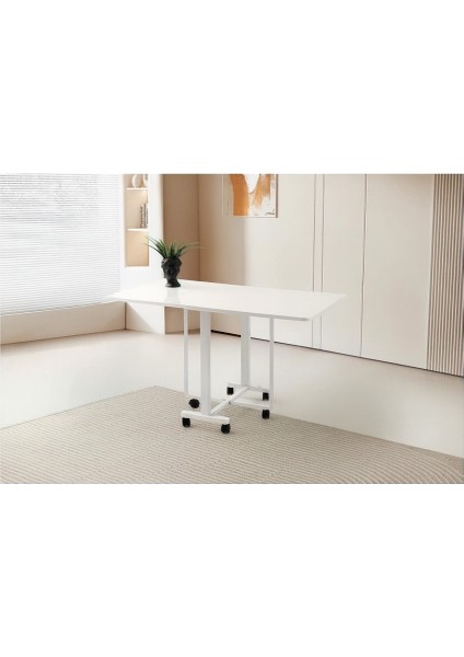 Katlanır Portatif Tekerlekli Mutfak ve Balkon Masası Beyaz Sadece Masa Gönderilir