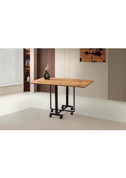 Katlanır Portatif Tekerlekli Mutfak ve Balkon Masası Meşe Sadece Masa Gönderilir