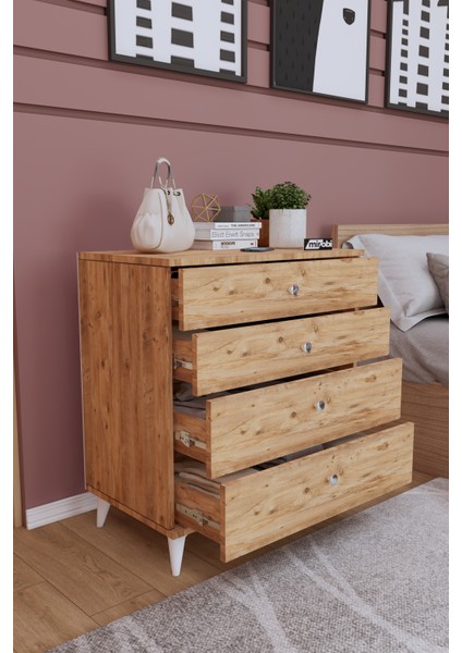 Dekoratif 4 Çekmeceli Ayaklı Şifonyer Atlantik Çam Modern Tasarım 83 cm Yükseklik fırsatları