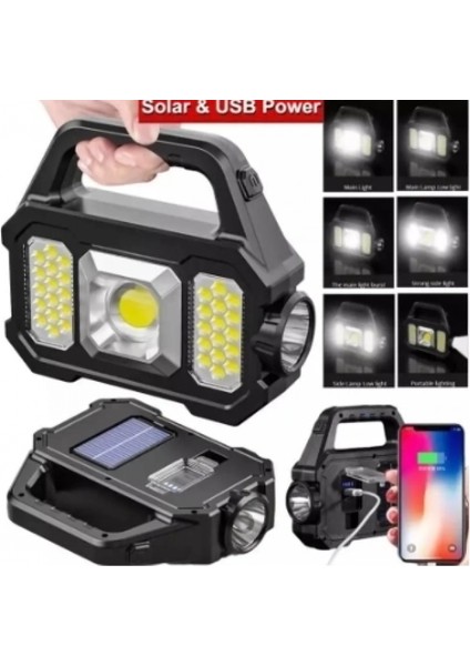 P-880A Solar Powerbanklı Şarjlı Taşınabilir Güçlü Fener