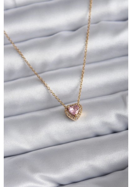 316L Çelik Zincir Gold Renk Pembe Zirkon Taşlı Charm Kadın Kolye - TJ-BKO7818