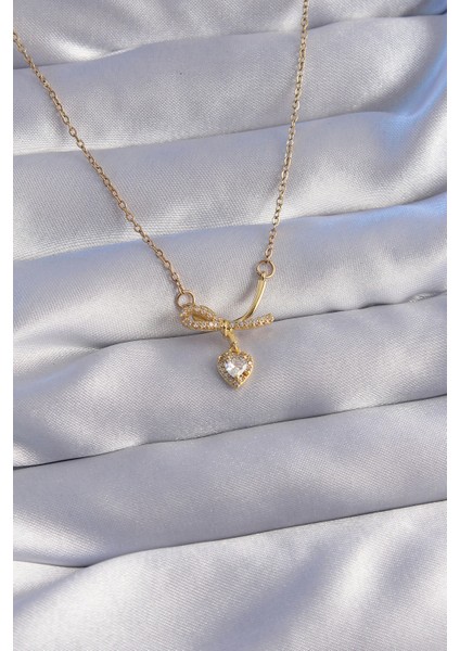 316L Çelik Zincir Gold Renk Zirkon Taşlı Yarım Fiyonk Kalp Kolye - TJ-BKO8789