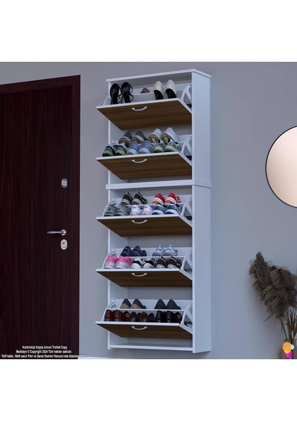 Ikra Ceviz Renk Asma Ayakkabılık Antre 5 Düşer Kapak 10 Göz Bölmeli Ayakkabılık 72 X194X26 cm
