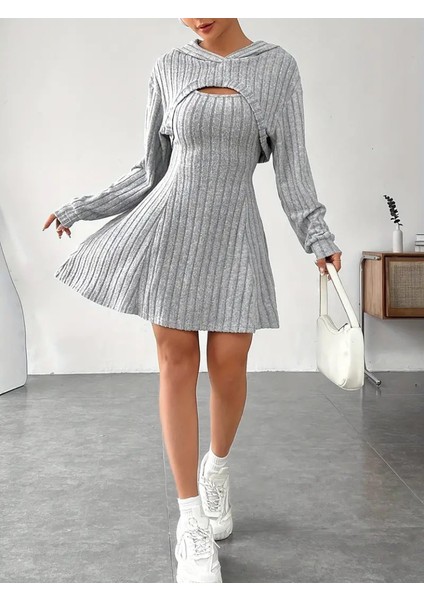 Kadın Uzun Kollu Kapüşonlu Ceket Üst ve Askısız Kare Yaka A Kesim Şardonlu Kaşkorse Elbise