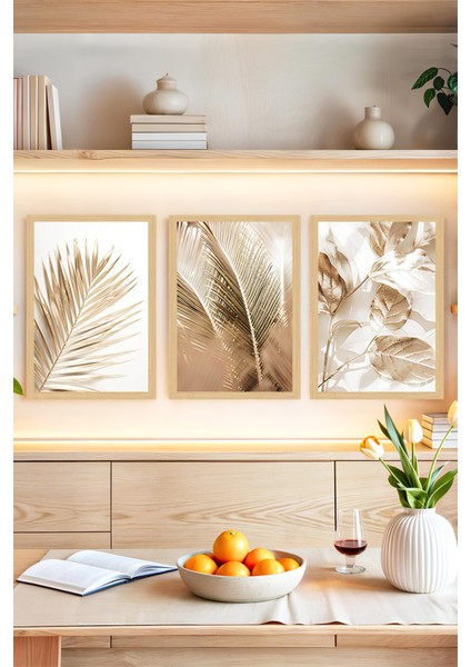 🌿 Altın Tonlarında Bitkisel Desenli Çerçeve Görünümlü 3’lü Tablo Seti🌟 CRVS1142 13 x 17