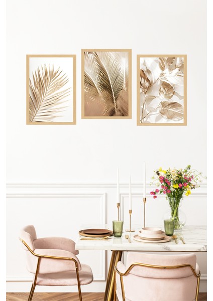 🌿 Altın Tonlarında Bitkisel Desenli Çerçeve Görünümlü 3’lü Tablo Seti🌟 CRVS1142 13 x 17 fırsatları
