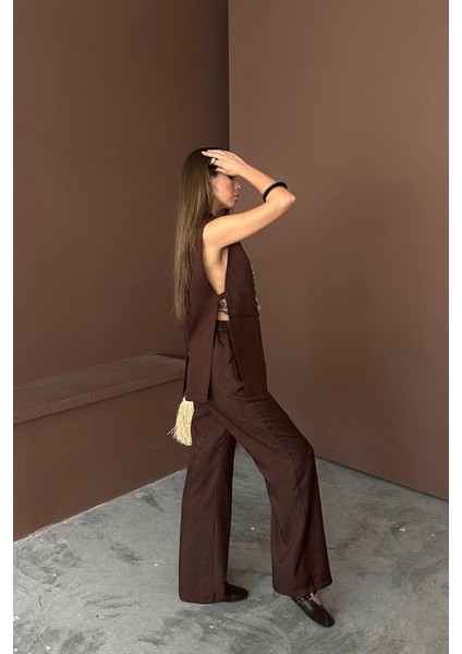 Aesco Yaka Midye Kabuğu Sıralı Yelek - Pantolontakım Keten Kumaş - Kahverengi modelleri