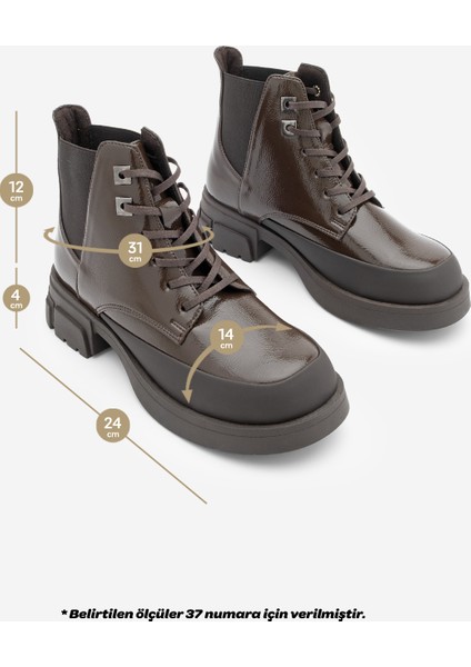 Kadın Bağcıklı Lastikli Kalın Topuklu Kısa Postal Bot Kenvo Kahve Rugan