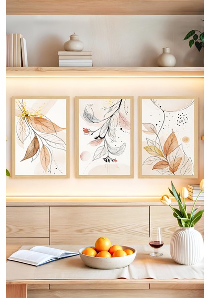 🍂 Zarif Doğal Yaprak Desenli 3’lü Çerçeve Görünümlü Tablo Seti - Modern Bohem Tarzda 🌟 CRVS1174 13 x 17