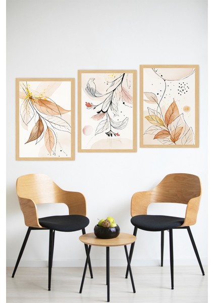 🍂 Zarif Doğal Yaprak Desenli 3’lü Çerçeve Görünümlü Tablo Seti - Modern Bohem Tarzda 🌟 CRVS1174 13 x 17 modelleri