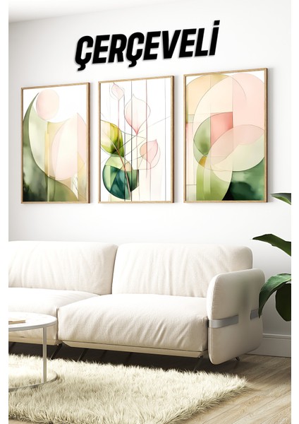 🌿 Pastel Yeşil ve Pembe Tonlarda 3’lü Modern Çerçeveli Tablo Seti🌿 CRV1123 23 x 32