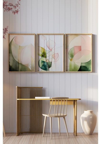 🌿 Pastel Yeşil ve Pembe Tonlarda 3’lü Modern Çerçeveli Tablo Seti🌿 CRV1123 23 x 32 fiyatları
