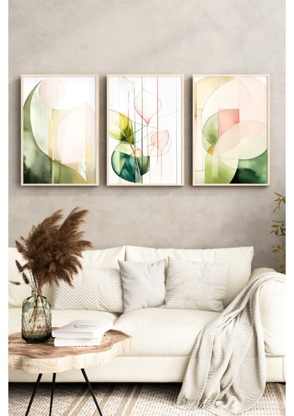 🌿 Pastel Yeşil ve Pembe Tonlarda 3’lü Modern Çerçeveli Tablo Seti🌿 CRV1123 23 x 32 fırsatları