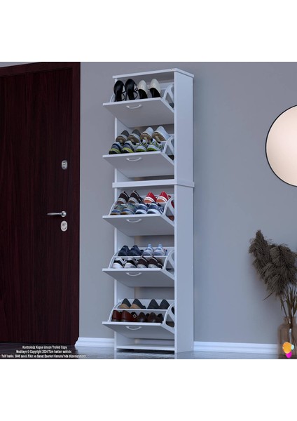 Ikra Antre Beyaz Renk 5 Düşer Kapak 10 Göz Bölmeli Ayakkabılık 52X194X26 cm