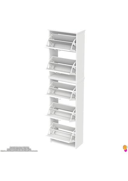 Ikra Antre Beyaz Renk 5 Düşer Kapak 10 Göz Bölmeli Ayakkabılık 52X194X26 cm