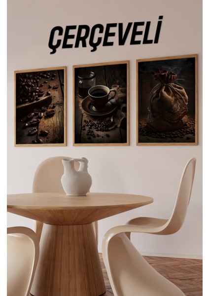 ☕ Klasik Kahve Dokunuşu – Ahşap Çerçeveli 3'lü Mdf Tablo Seti CRVS1003 23 x 32