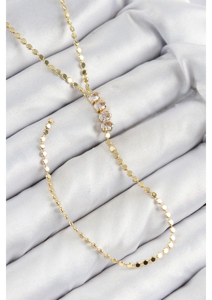 Pirinç Zirkon Taşlı Ezme Zincirli Model Gold Renk Y Kolye - TJ-BKO10465