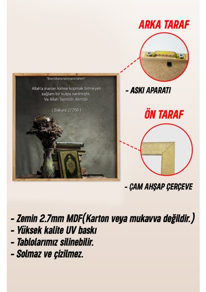 Ahşap Çerçeveli Mdf Kare Tek Tablo Islami Tablo Ayt 2-256 Bakara 256 23 x 23