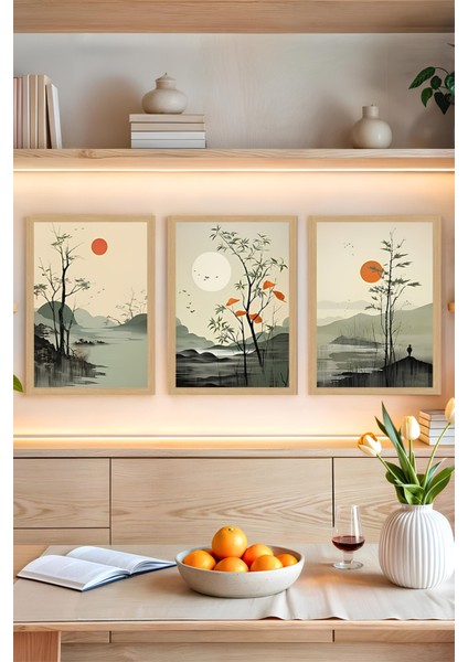 🌅 Uzak Doğu Esintili 3’lü Manzara Tablo Seti – Zen Ruhunu Duvarlarınıza Taşıyın CRVS1033 13 x 17